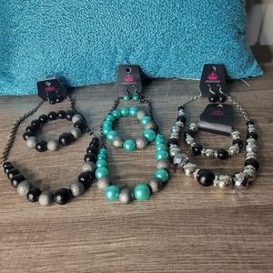 3PK BUNDLE GREEN/BLACK/GRAY/SILVER NECKLACE & BRACELET SET